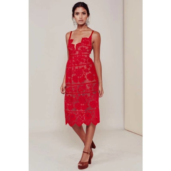 For Love & Lemons Gianna Midi Dress in Red Rust Lace - Picture 9 of 16